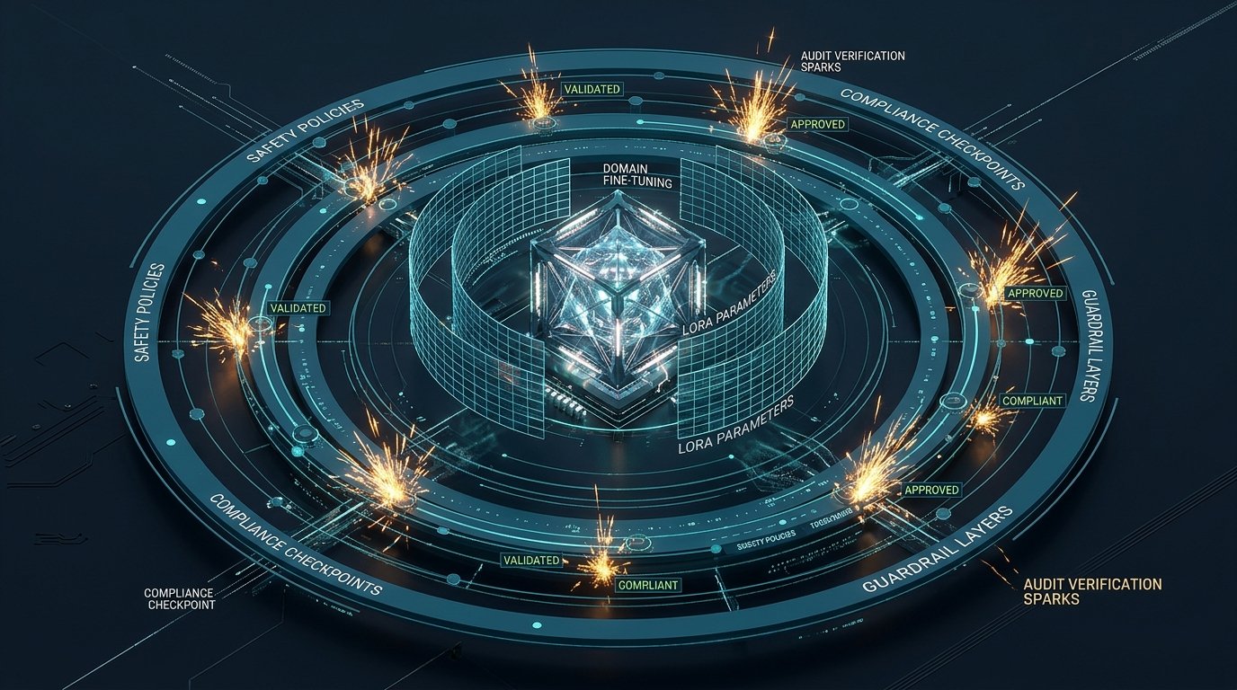 Domain fine-tuning core surrounded by compliance guardrail rings
